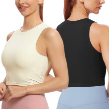 stk. dame ærmeløse tanktoppe med racerback og høj hals, crop tops, camisole, yogatrøjer, atletiske undertrøjer, maskinvaskbare, sorte+khaki2XL