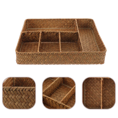 2Pcs Rustic Khaki Bathroom Counter Organizer Basket with Dividers 2