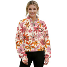 Overdimensjonert damegenser med kort glidelås og tommelhull, tusenfrydblomstertrykk – Høst/vinter streetwear, XL, kompatibel med alle størrelser