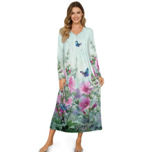 Elegant Long Sleeve Nightgown for Women – Button Front, Ankle-Length, Soft Sleepwear, Compatible with Bedroom/Home/Hotel, S, Butterfly Flower Green