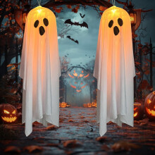 2PCS Light-Up Hanging Ghosts for Halloween – Warm LED, Indoor/Outdoor, Compatible with Trees, Doors, Yard, Garden & Party Decor