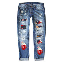 Damebukser med revne julebukser, slitt, vasket trykk, middels høy midje, rette ben, til jul, streetwear, koselige bukser