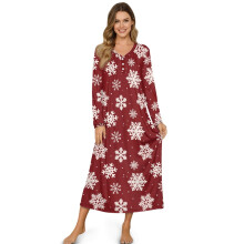 Women's Long Sleeve Christmas Nightgown, V-Neck Button-Front Sleepshirt, Snowflake Red, Soft Lounge Wear – 2XL, Compatible with Holiday Themes