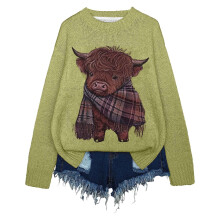 Rund hals sweater til kvinder Sød ko-printet løs pasform langærmet strikket top med pullover og ribkant vinterkomfort jumpertoppe