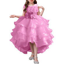 AWZXDE Childrens Solid Color Irregular Mesh Lace Knee Length Trailing Long Dresses Wedding Puffy Flower Girl Gown Red,9-10Y
