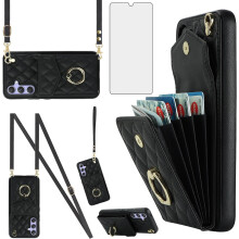 Phone Case Compatible with Galaxy S25 Plus/S25+ 5G – Wallet Cover with Tempered Glass, Wrist Strap, RFID-Blocking Card Holder