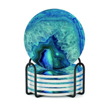 6-Pc Marble Ocean Drink Coaster Set with Stand, Ceramic Absorbent Stone Coasters w/ Cork Base – Home Decor & Housewarming Gift