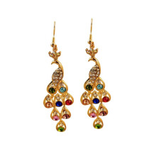 Women Bohemian Retro Peacock Eardrop Pendant Rhinestone Big Dangle Drop Earrings Golden