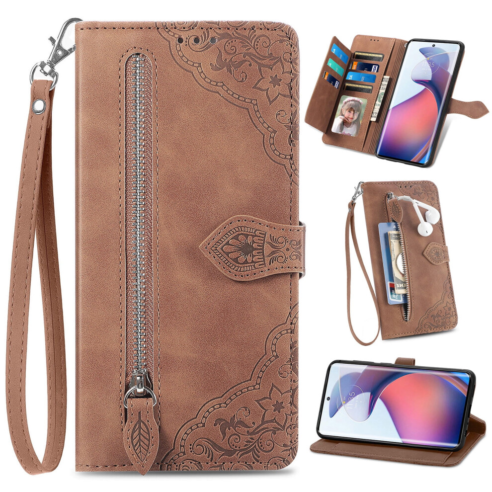 Motorola Moto G Stylus 5G 2024 Wallet Case Â Flower Embossed Pu Leather Flip Cover With Card Slots, Stand & Wrist Strap, Brown 9028731651446