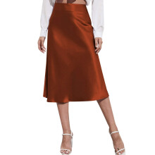 Saia midi evasê de cintura alta, vestido de cetim liso com zíper, saia elegante de verão, saia de outono para mulheres, marrom, tamanho XL