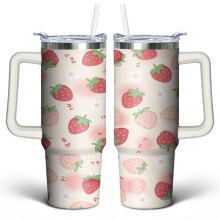 Erdbeer-Becher (887 ml) mit Griffdeckel und Strohhalm – Edelstahl, doppelwandig, vakuumisoliert, süßes Geschenk für Frauen, Männer und Freunde