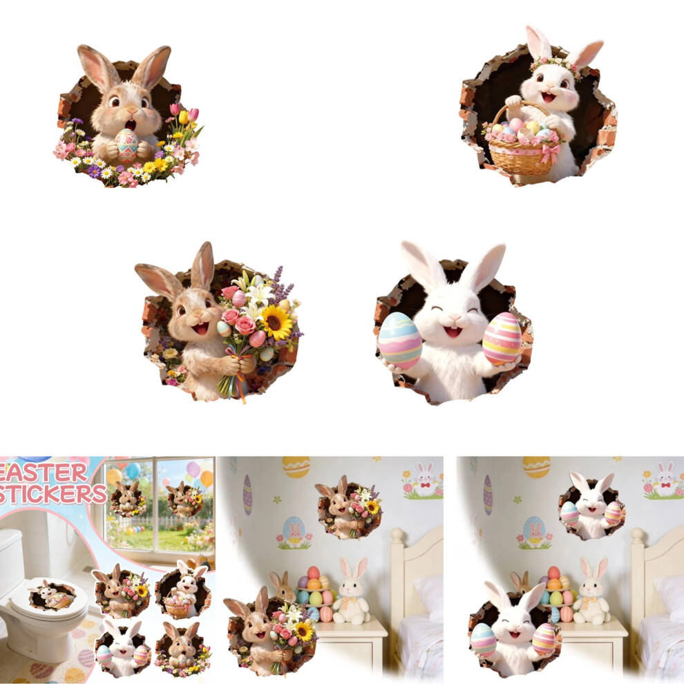 Flower Bunny Wall Decals, 11.81In 3D Easter Bunny Stickers, Eggshell Design, 4Pcs Â Compatible With Smooth Walls, Kitchen, Study & Living Room 9028731650883