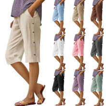 Damen-Shorts aus Baumwoll-Leinen, Sommer, elastischer Bund, seitliche Knöpfe, Strand-Bermuda-Shorts mit Taschen