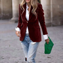 Women's Elegant Blazer - Single Button Long Sleeve Jacket, Spring/Fall Office & Casual Wear Wine Red XL