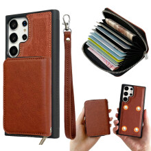 Compatible with Samsung Galaxy A54 5G Detachable Wallet Case – 11-Card Holder, PU Leather Zipper Purse with Wristlet, Shockproof Brown Cover