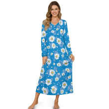 Women's Full-Length Nightgown, Soft Long Sleeve Sleepshirt with Chest Buttons, Daisy Blue, 3XL, Compatible with Home Wear