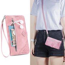 Case for compatible with Samsung Galaxy S21 FE 4G/5G Zipper Wallet Cover Lanyard Crossbody Neck Strap