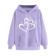 Klassisk fleece-hættetrøje med hjerteprint til damer, langærmet pullover med snøre, varm, løs pasform og afslappet hættetrøje
