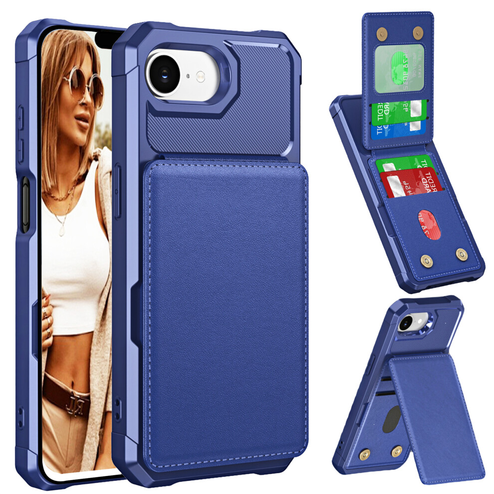Luxury Leather Folio Wallet Case For Iphone 16E Â Card Holder, Tpu Bumper, Zm Â Compatible With Iphone 16E Blue 9479868011731