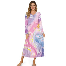 Women's Full-Length Button-Down House Dress & Nightgown – Soft Cozy Lounge Sleepwear, S, Paw Marble Pink Violet