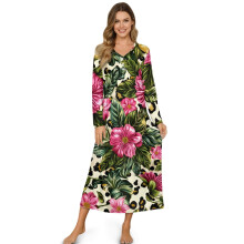 Elegant Long Sleeve Nightgown for Women – Button Front, Ankle-Length, Soft Sleepwear, Flower Leopard Print, S, Compatible with Home/Hotel