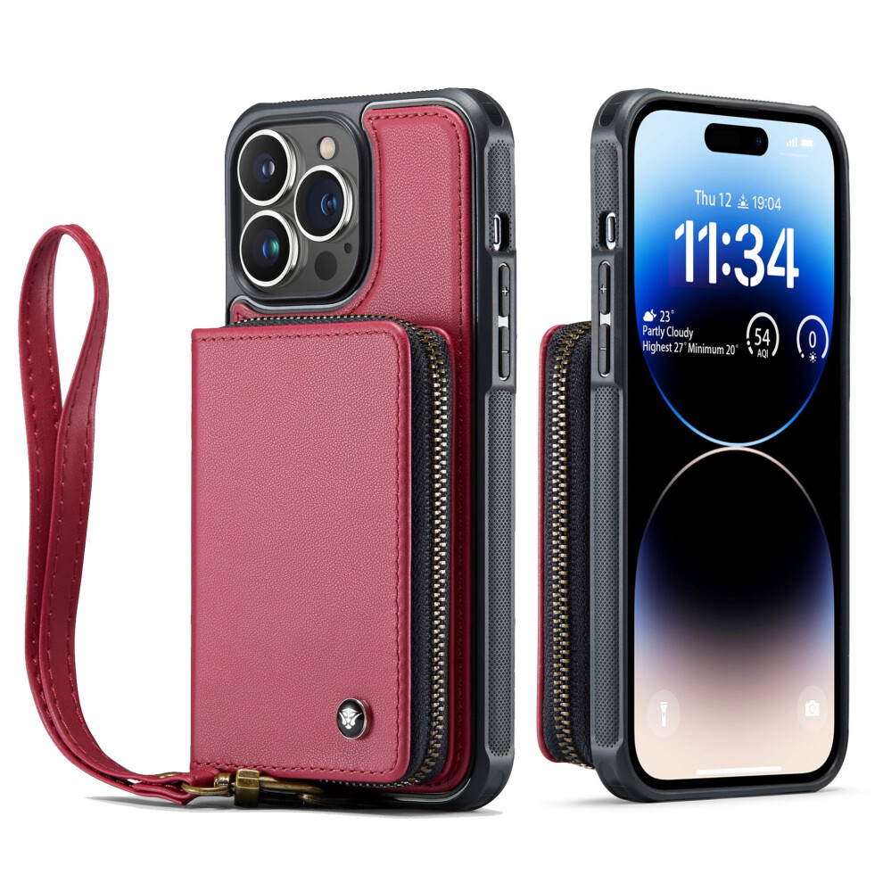 Shockproof Zipper Wallet Case With Rfid Slot & Wrist Strap For Iphone 14 Pro Max Â Red 9479868012325