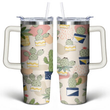 Cactus 30Oz Becher mit Griffdeckel und Strohhalm – Edelstahl, doppelwandig, vakuumisoliert – Niedliches Geschenk für Frauen, Männer und Freunde