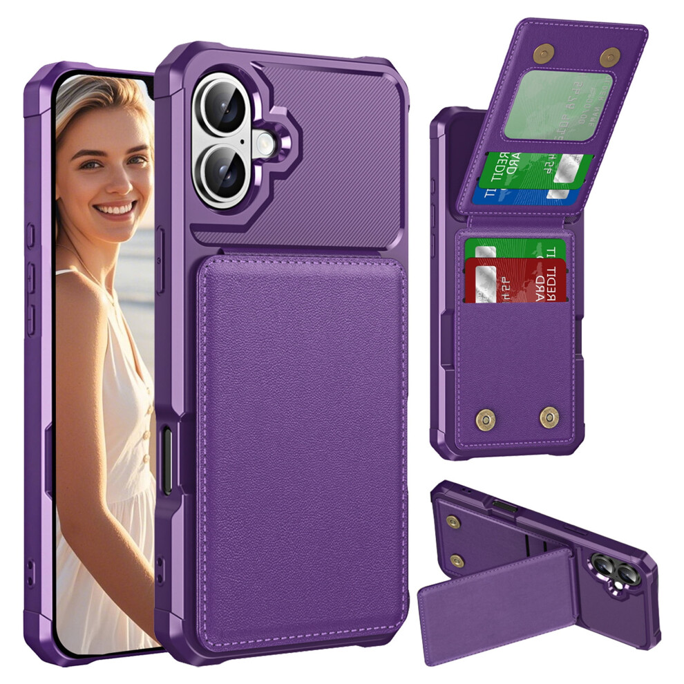 Luxury Leather Folio Wallet Case For Iphone 16E Â Tpu Bumper + Card Holder, Zm Purple 9479868013575
