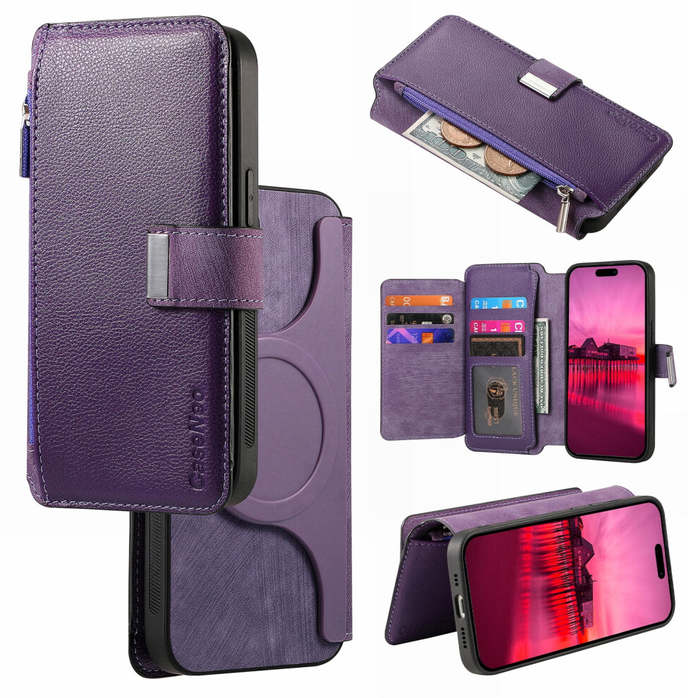 Magnetic Detachable Flip Leather Case For Samsung S20 Fe Â Rfid Blocking, Card Slots, Kickstand, Zipper Bag, Magsafe-Compatible, Purple 9479868009998
