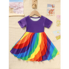 Toddler Girls' Vibrant Rainbow Striped Dress with Flutter Trim Summer Short Sleeve Round Neck Casual Dress Perfect for Parties & Gifts