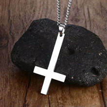 Inverted Cross Pendant Necklace for Men Women Stainless Steel Pendant Curb Chain-Silver