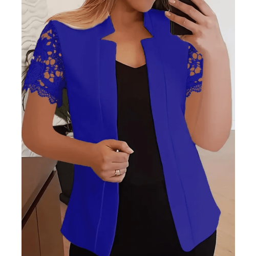 Women's Lace Patchwork Short Sleeve Open Front Cardigan, Casual Solid Color Blazer for Work and Office, M