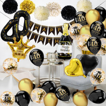 SPECOOL 40th Birthday Decorations: Black & Gold Banner, Tissue Flowers, Metallic Balloons – Compatible with 40-Year-Old Birthday Party