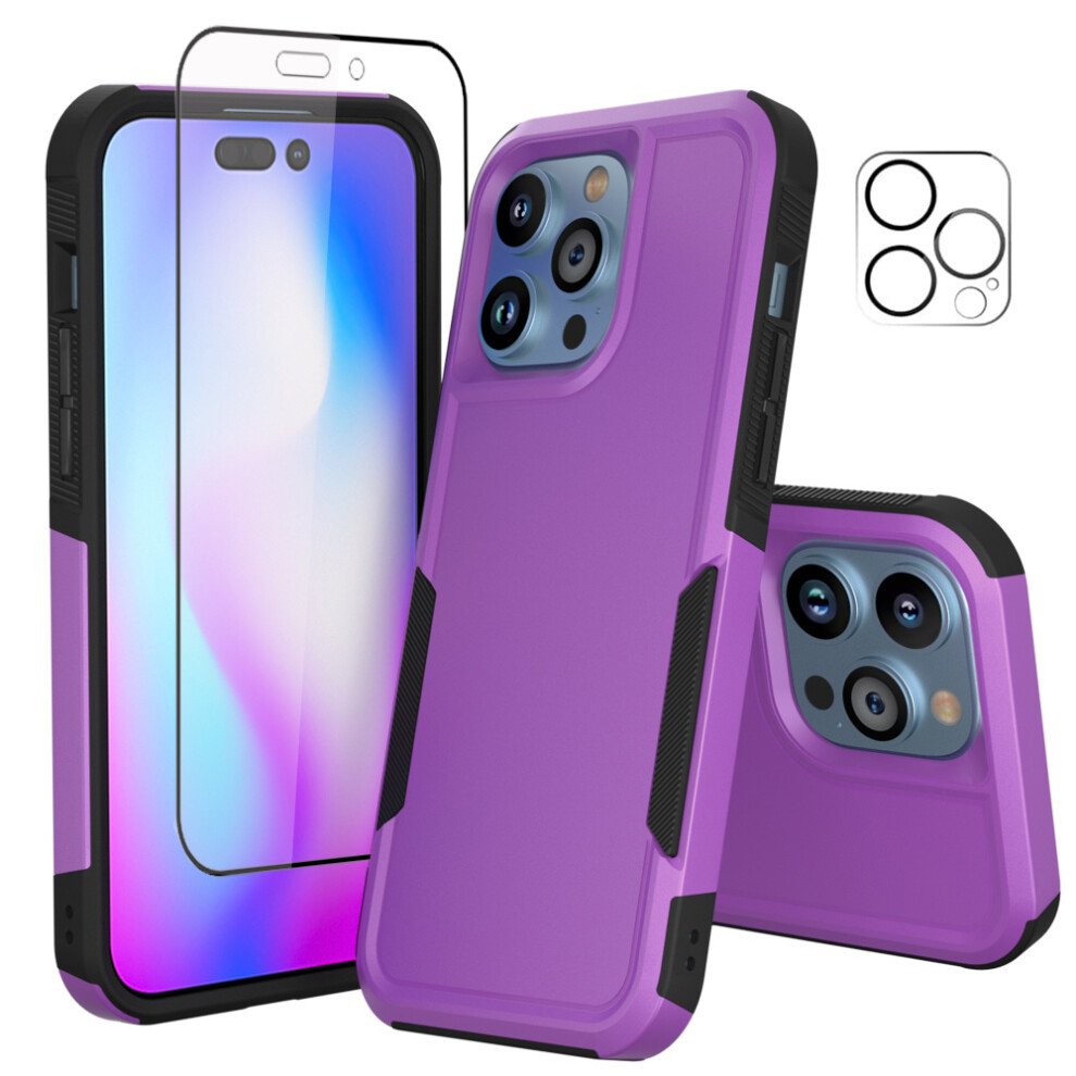 Compatible With Iphone 14 Pro Max Case + Screen & Camera Lens Protector, Shockproof Full Coverage Cover (6.7") Purple 9028731026107