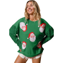 Felpa natalizia da donna a maniche lunghe con paillettes e stampa di Babbo Natale, modello ampio.