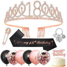 YANSION 18th Birthday Decorations: Black Rose Gold Crown, Sash, Tiara, Cupcake Toppers, Confetti Balloons – Compatible with Women & Girls