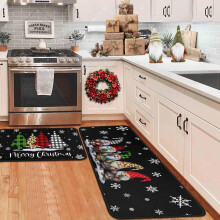 Buffalo Plaid Tree Gnomes Black Christmas Kitchen Rugs Set of 2, 17"x47"+17"x30", Low-Profile Holiday Floor Mats