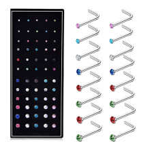 60 Stück hypoallergene Nasenstecker aus Edelstahl mit Zirkonia, L-förmige Knochenstecker, Schraubverschluss, 20G (1,5/2/2,5/3 mm), kompatibel mit