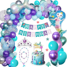 Mermaid Birthday Decoration Kit for Girls – Balloon Arch, Banner, Cake Topper, Foil Balloons, Crown Necklace – Compatible with Mermaid Themes