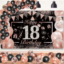 18th Birthday Party Decor for Girls: Black & Rose Gold Banner, Balloons, Poster – Compatible with Anniversary Themes