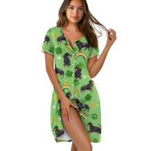 Women's Short Sleeve Sleep Dress, Soft Stretchy Loungewear, Button-Front Nightgown, Home Dress – 2XL, St. Patrick’s Day Dachshund Shamrock Design