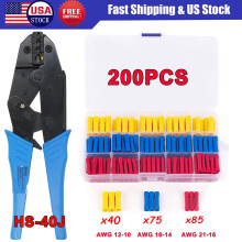 200 connecteurs bout à bout isolés pour fils électriques droits, cosses à sertir + outil de dénudage et de sertissage pour fils 20-10 AWG HS-40J