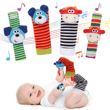 Set di 4 sonagli da polso e calzini a forma di animali per neonati – Giocattoli sensoriali per neonati da 0 a 3 mesi, regalo per l'apprendimento
