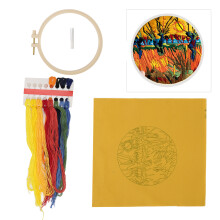 Gesticktes Stickset mit Sonnenblumen und Weizenfeld, 16,3 cm Rahmen