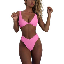 (XL, Light Pink) Bikini Set for Women Solid V Neck Knot Front Push Up High Leg Thong Two Piece Swimsuit