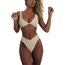 (XS, Apricot) Bikini Set for Women Solid V Neck Knot Front Push Up High Leg Thong Two Piece Swimsuit