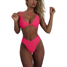 (S,Bright Pink)Bikini Set for Women Solid V Neck Knot Front Push Up High Leg Thong Two Piece Swimsuit