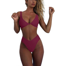 (L, Wine Red) Bikini Set for Women Solid V Neck Knot Front Push Up High Leg Thong Two Piece Swimsuit