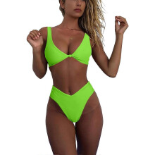 (S,Bright Green)Bikini Set for Women Solid V Neck Knot Front Push Up High Leg Thong Two Piece Swimsuit