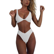 (XL, White) Bikini Set for Women Solid V Neck Knot Front Push Up High Leg Thong Two Piece Swimsuit